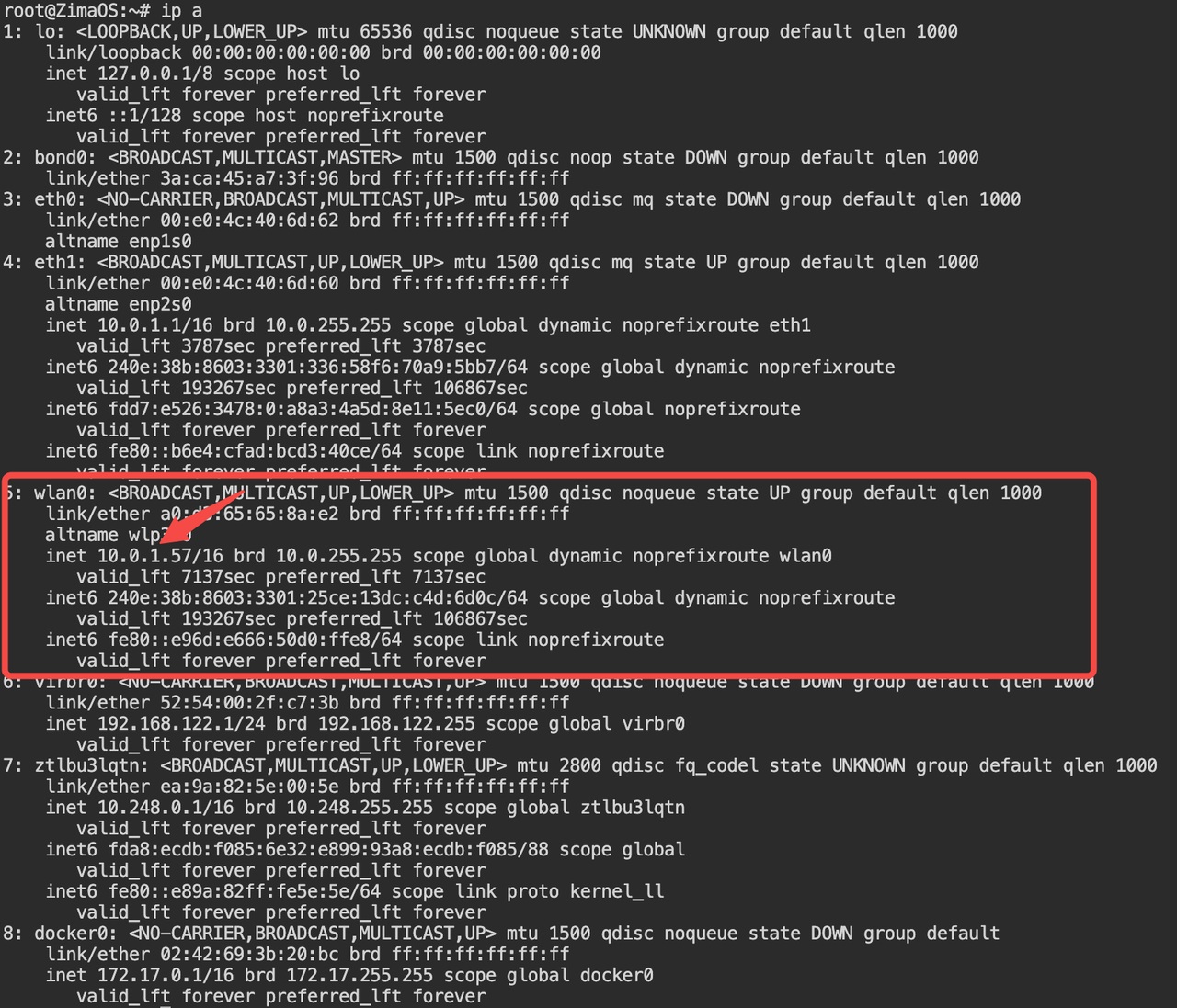 Linux中ip a命令的终端输出，显示网络接口配置，包括IP地址和状态。