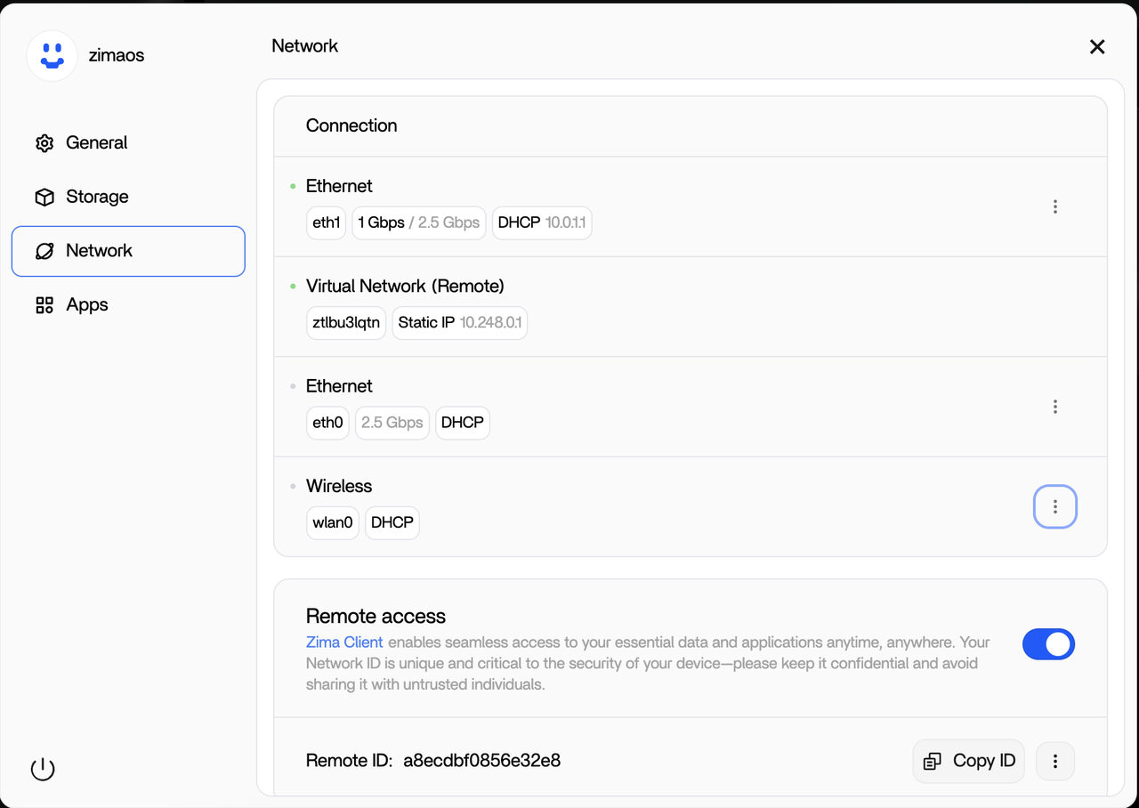 a network configuration panel displaying Ethernet, virtual, and wireless connections with their statuses, alongside a remote access section featuring a unique device ID.