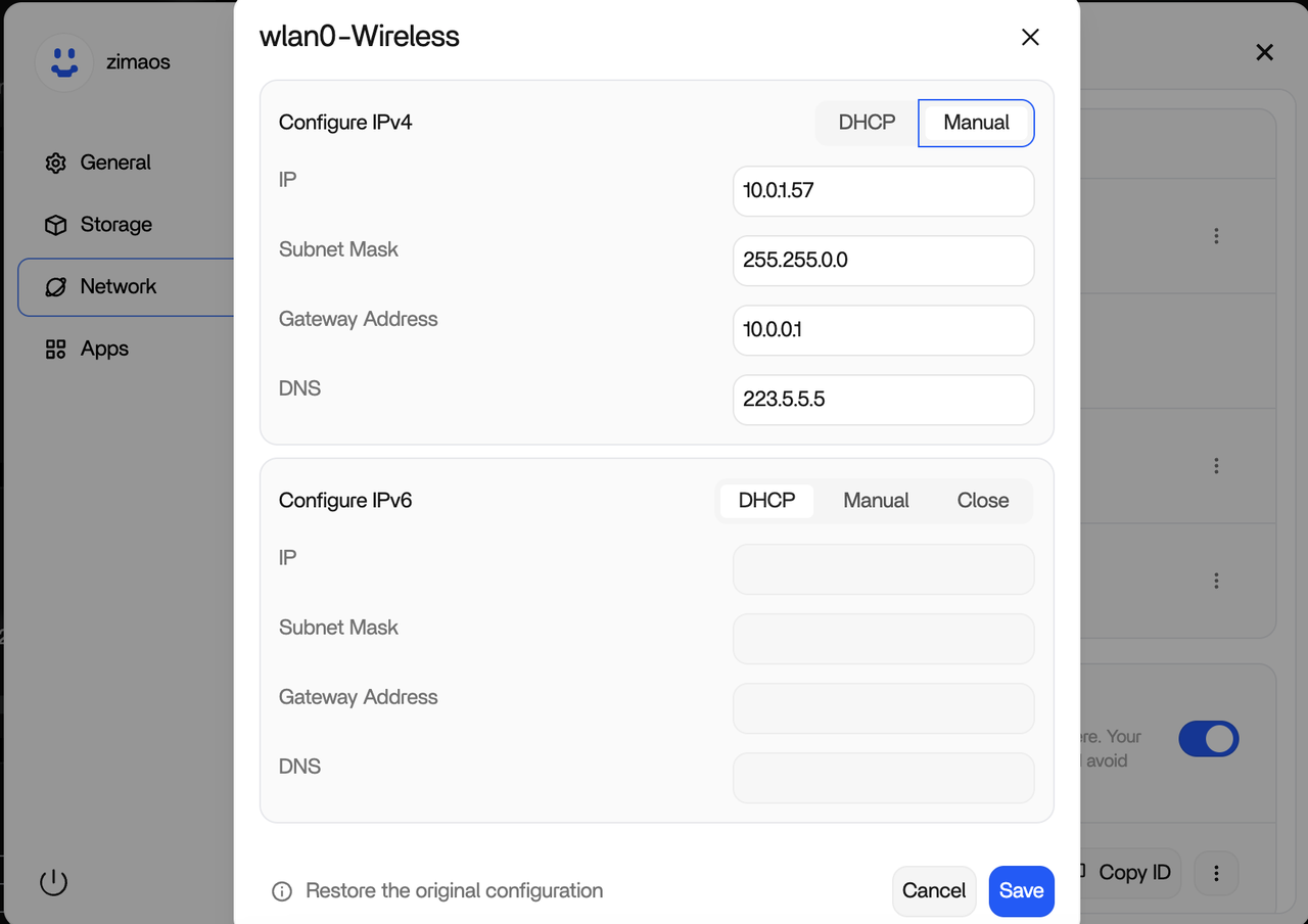 the configuration settings for a wireless interface (wlan0), showing IPv4/IPv6 parameters, DHCP options, and control buttons like Save and Cancel.