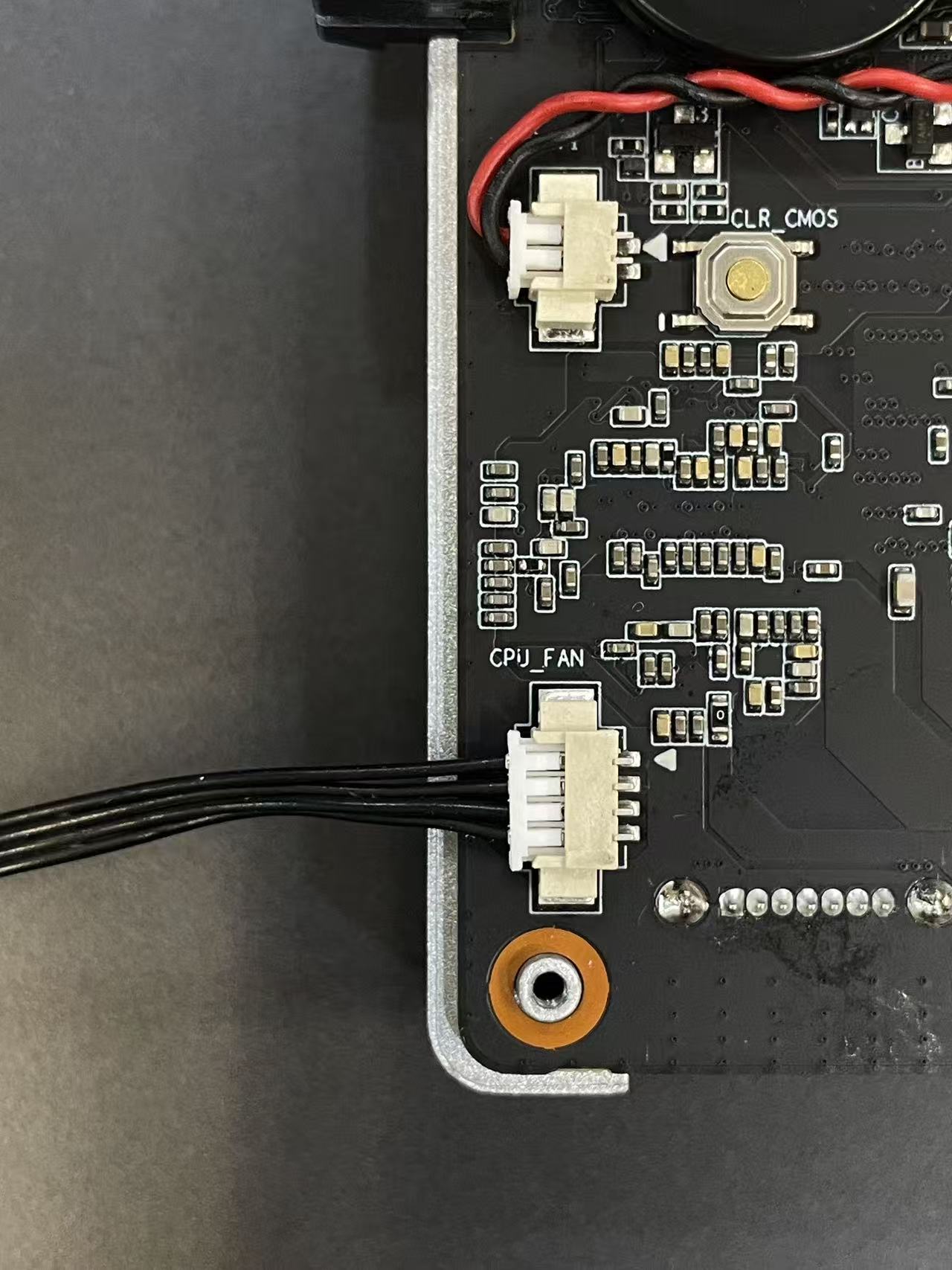 ZimaBoard 2 CPU_FAN 4-pin header wiring—align the keyed 4-pin PWM connector and plug in (fan installation step), CLR_CMOS nearby.