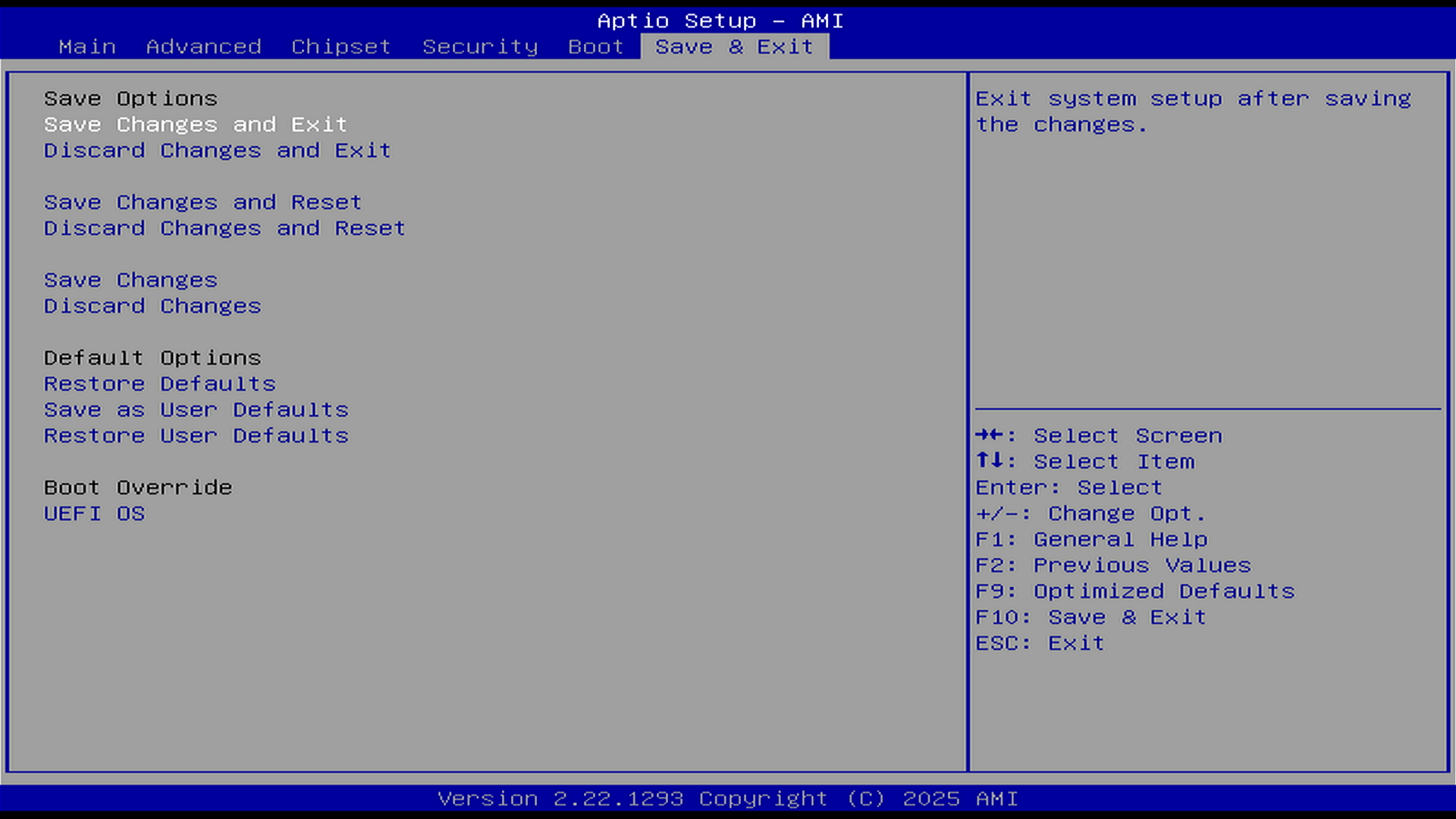 ZimaBoard 2 BIOS—Save & Exit (F10) screen; choose “Save Changes and Exit” to apply fan/PWM settings (AMI Aptio).