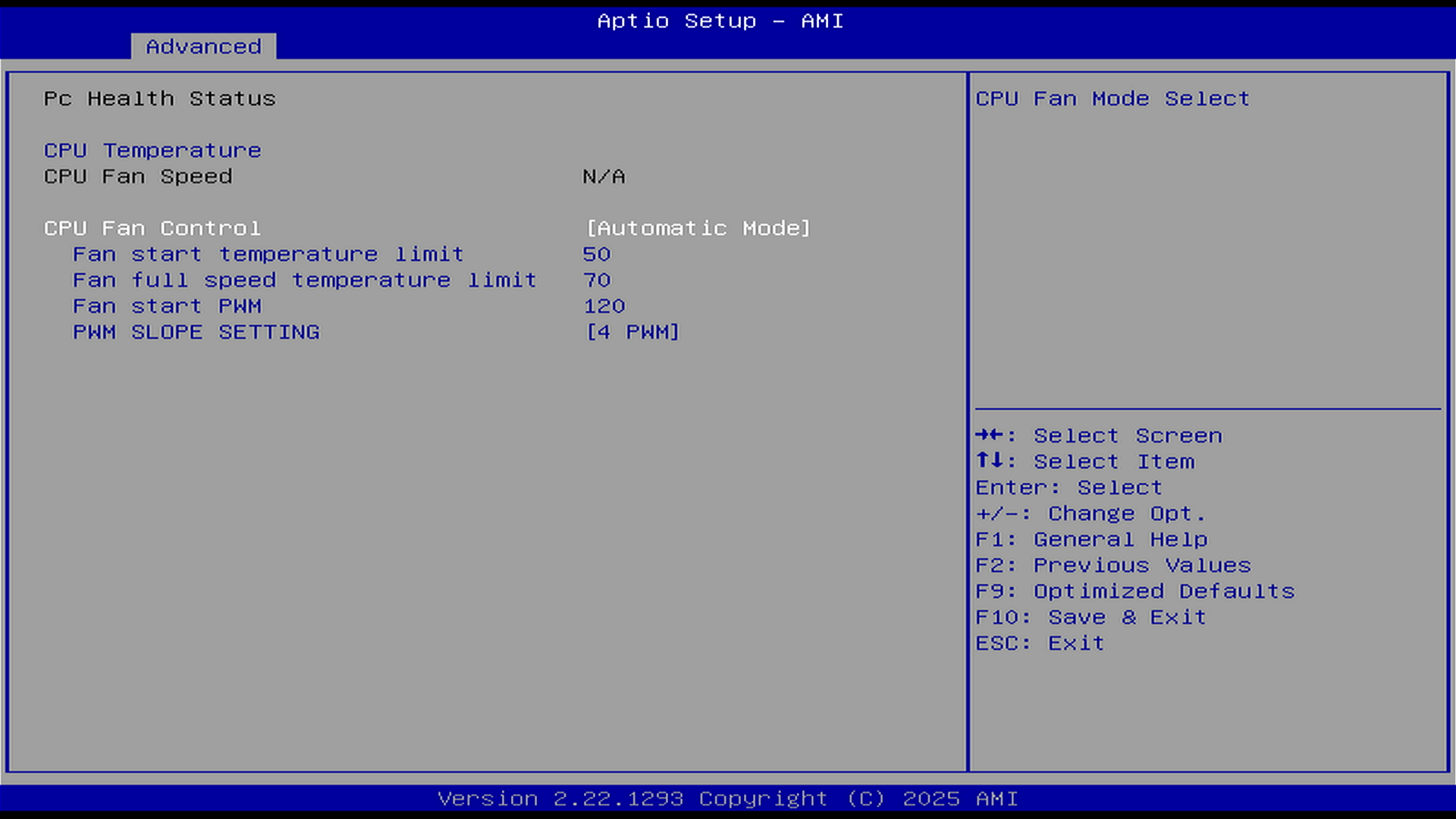 ZimaBoard 2 BIOS—CPU Fan Control in PWM Auto Mode: start temperature limit, full-speed temperature limit, fan start PWM, and PWM slope setting (AMI Aptio).