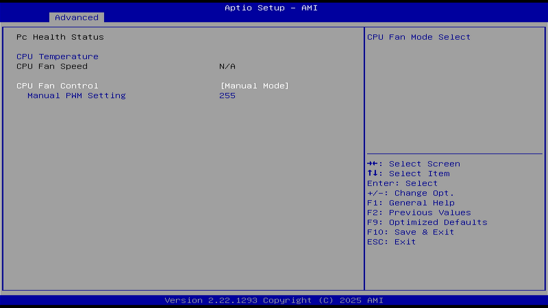 ZimaBoard 2 BIOS—CPU Fan Control in Fixed Duty (Manual) Mode: set Manual PWM value (0–255, 255=100%) (AMI Aptio).