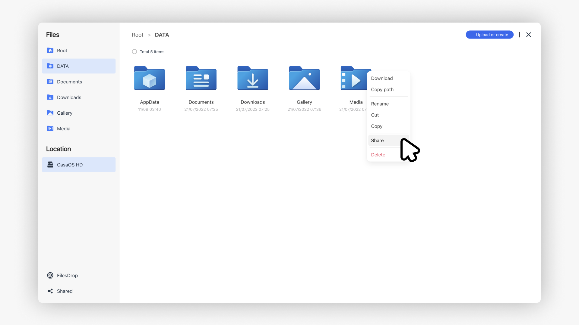 CasaOSファイルアプリのUI