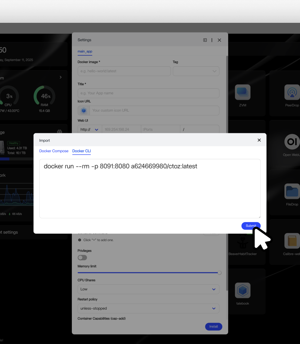 usar o CLI para instalar aplicações Docker no ZimaOS