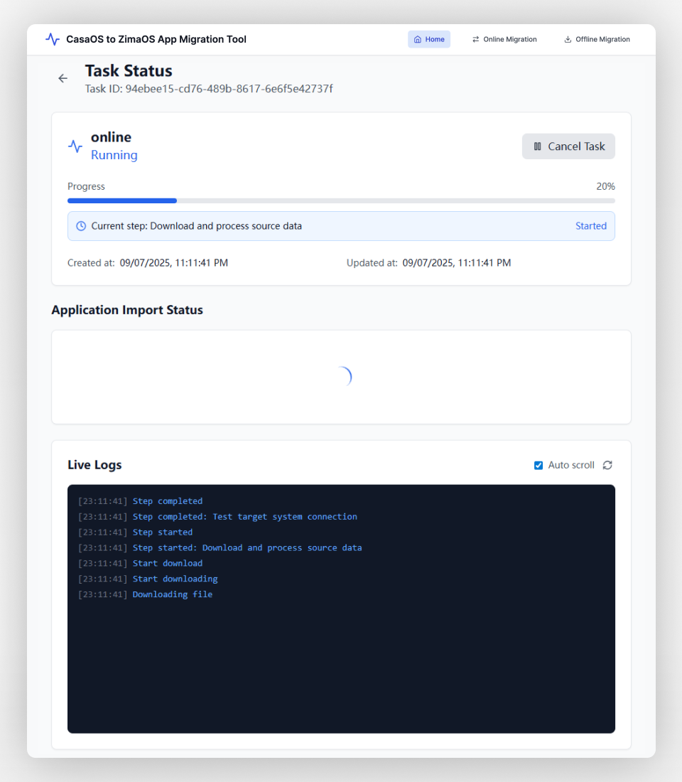 CTOZ UI of task status