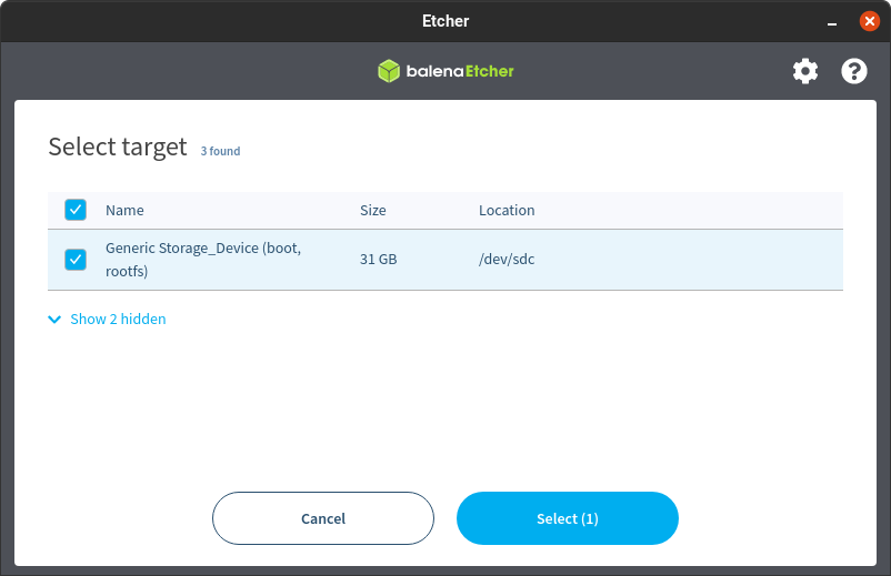 balena etcher select flash device as a target to install zimaos
