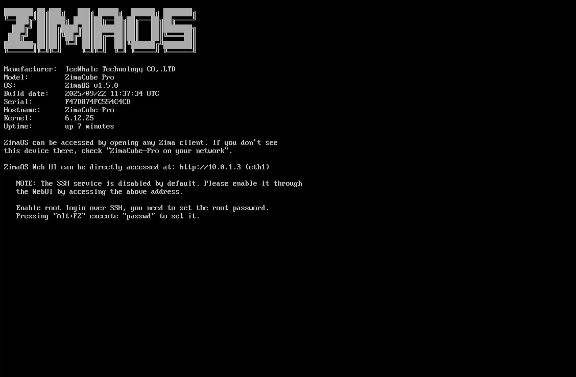zimaos key information show on the screen include ip address os version