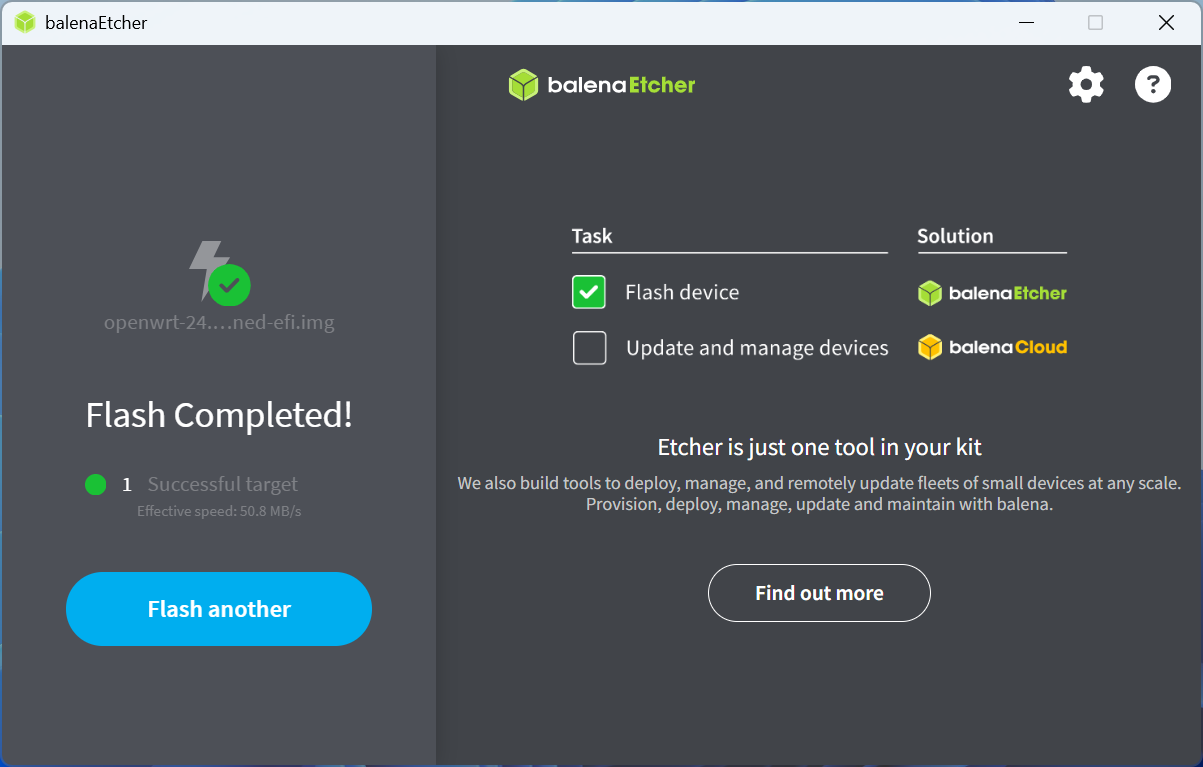 The burning of balenaEtcher is complete