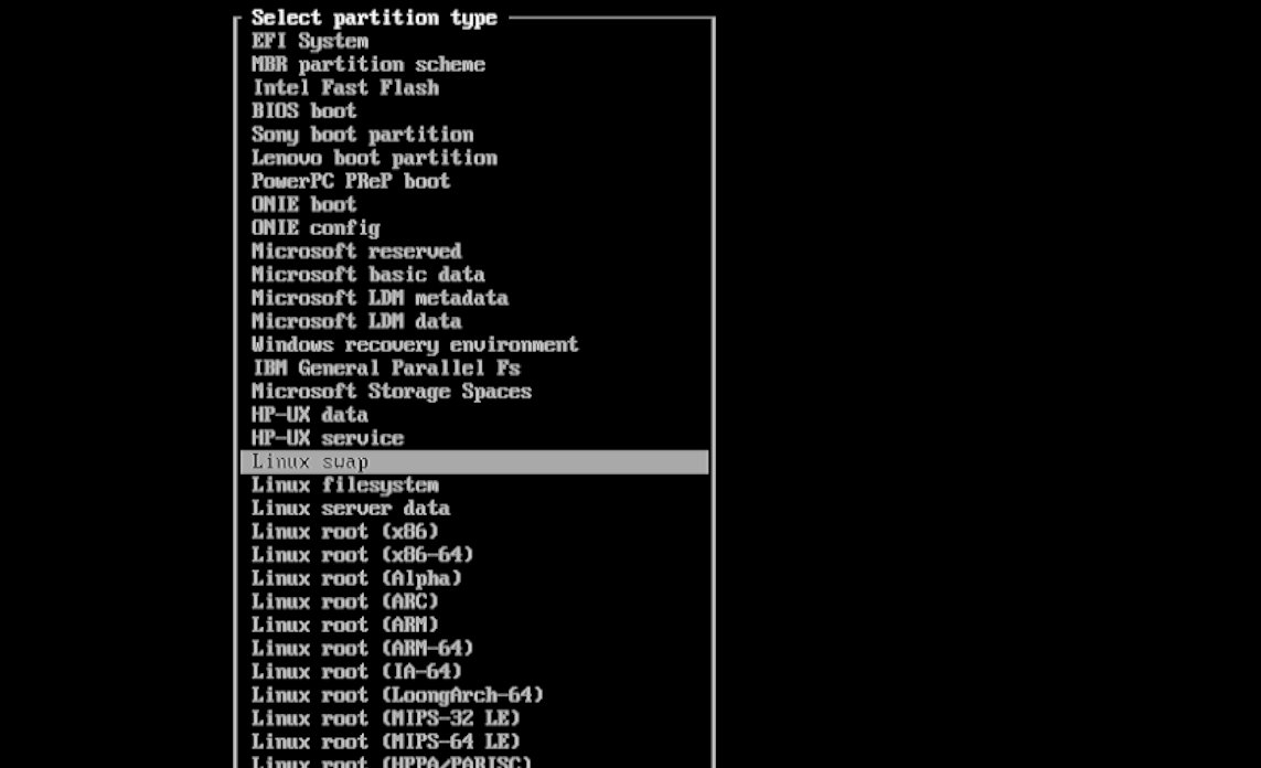 设置分区类型为 Linux swap