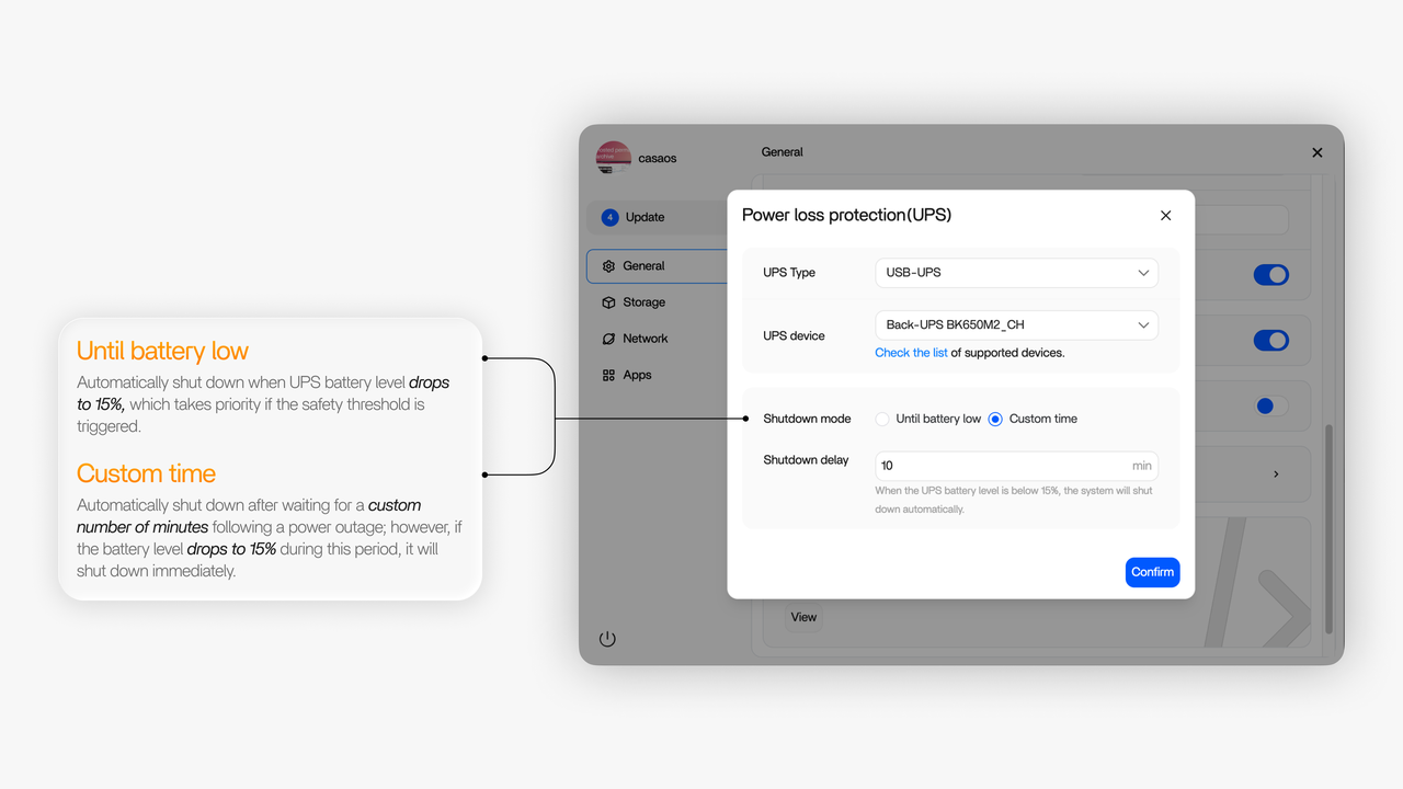 ZimaOS 中的 UPS 停电保护设置
