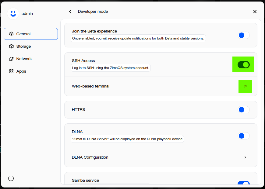 enable SSH access and open the web-based terminal