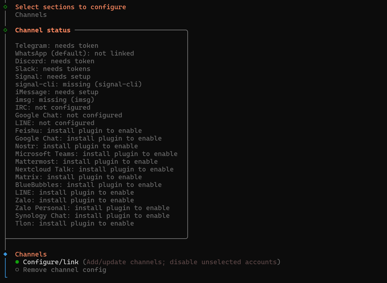 Channels submenu showing "Telegram: needs token" status