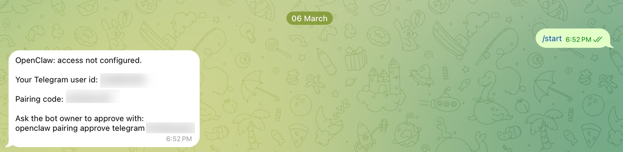 Telegram conversation showing the bot's pairing code reply