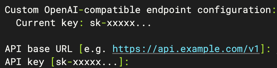 终端:输入 Base URL 和 API Key