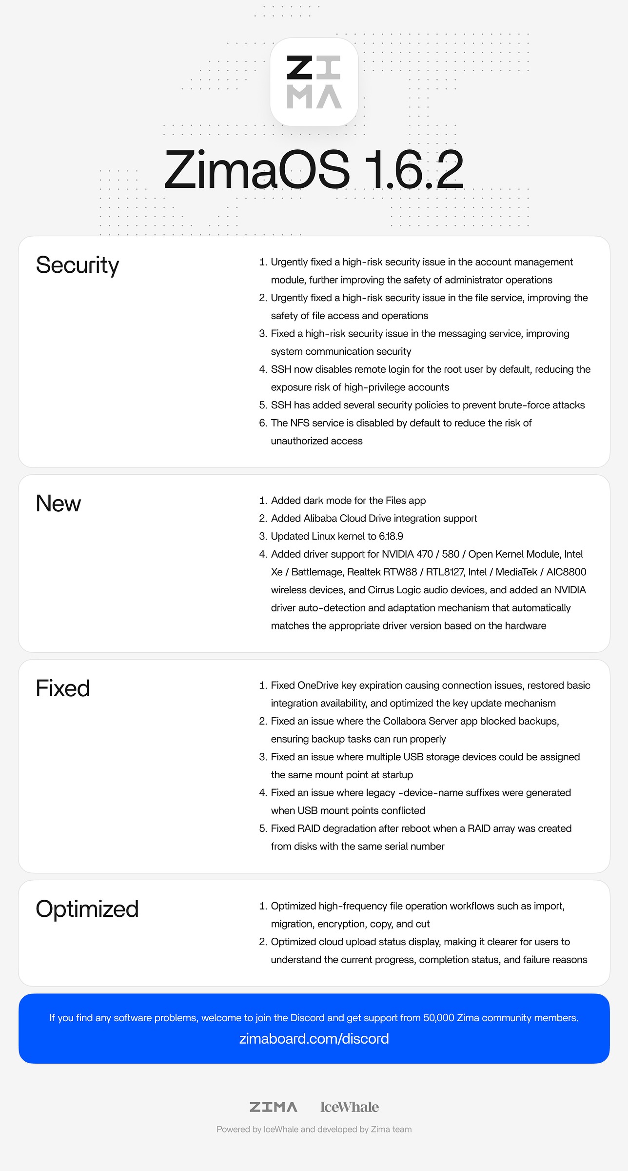 Notas de lanzamiento de ZimaOS V1.6.2: seguridad, estabilidad y compatibilidad