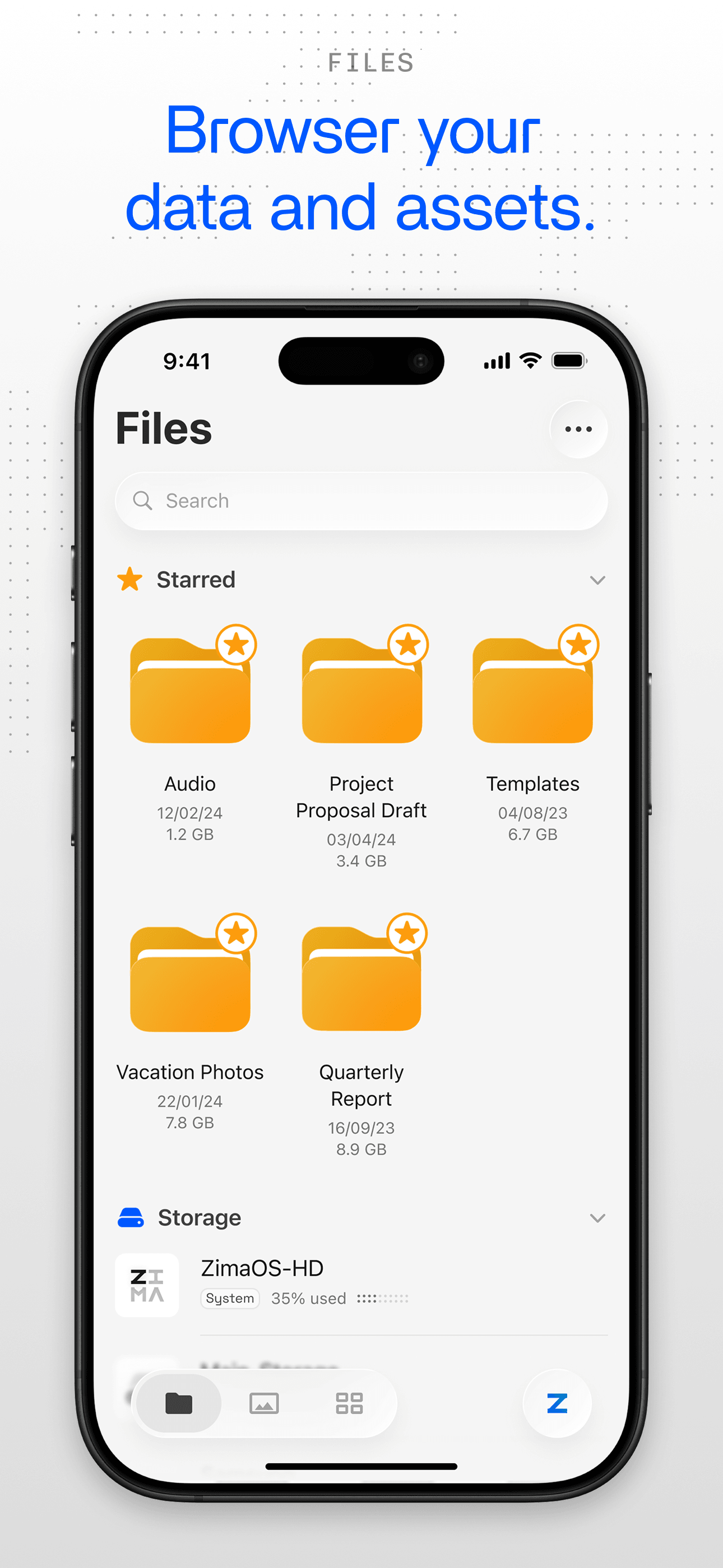 Pantalla de archivos de ZimaClient para iOS con las carpetas compartidas y los archivos del servidor doméstico