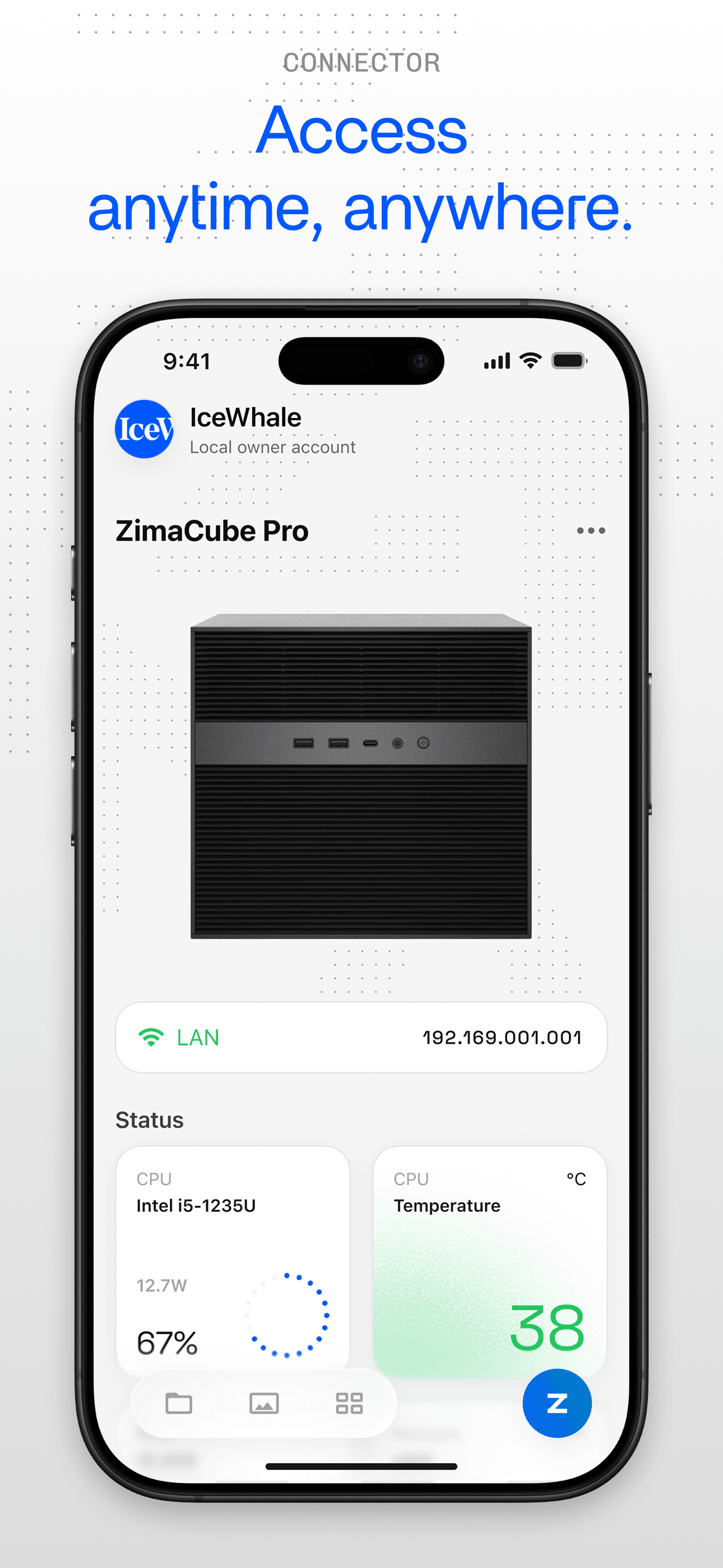 Pantalla del panel de ZimaClient para iOS con el estado del dispositivo, el uso del almacenamiento y la información del sistema