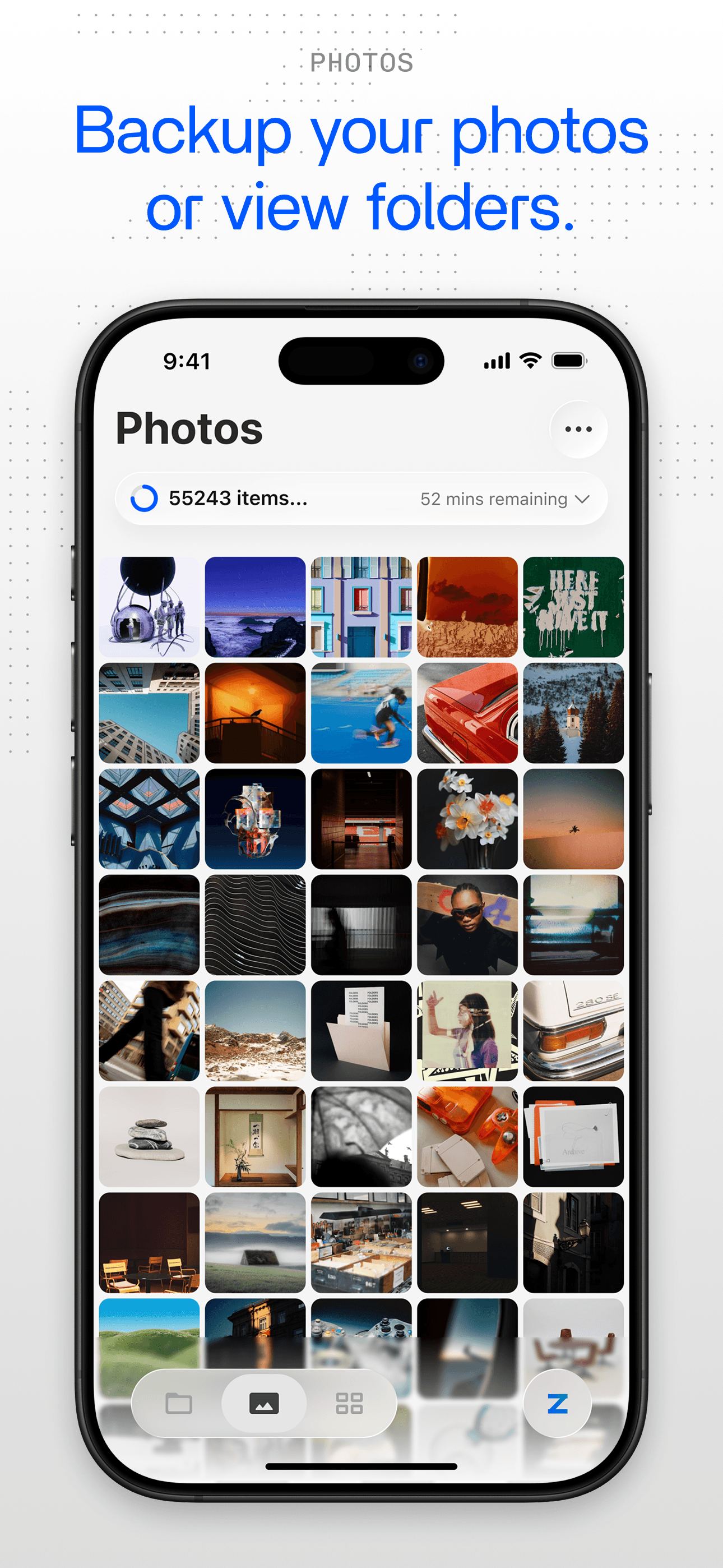 Pantalla de fotos de ZimaClient para iOS con la fototeca sincronizada desde el servidor doméstico